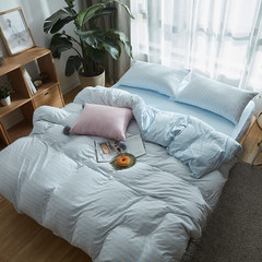 简约条纹针织天竺棉裸睡四件套全棉床笠款床单被套纯棉床上用品 床笠款 混蓝米条纹 1.8m（6英尺）床