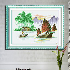 Authentic exact printing cross stitch fisherboat sailing Jiangnan landscape painting Everything is going smoothly. new living room [56x41 cm] more than 30% lines in printing