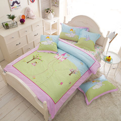 Korean girl bedding, four sets of cotton cloth, embroidered children's bed products, cartoon quilt cover, bed set Oz green 1.0m (3.3 feet) bed