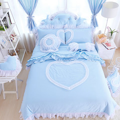 Korean cotton four sets of cotton quilt, bed skirt, wedding version 1.5, three sets of 1.8 meters bedding 2.0m Blue in heart 1.2m (4 feet) bed