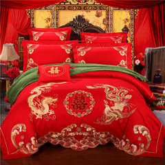 Ming Niu cotton Embroidery Wedding four sets of double 1.8 meters 2 meters bedding four sets of full package mail 7 pieces of dragon and Phoenix 1.8m (6 feet) bed