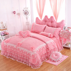 Korean Princess Lace Princess Cotton Satin Jacquard 1.8m bed four sets of pure cotton bed skirt wedding bed 2.0m bed sweet honey pink 1.5m (5 ft) bed
