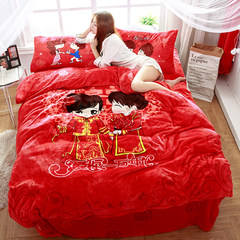 Winter flannel four piece thickened wedding red coral velvet fleece velvet 1.8/2.0m bedding quilt sweet 1.5m (5 ft) bed