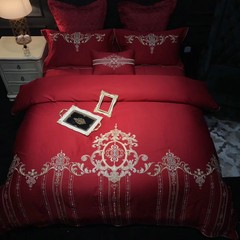American high-end embroidery 60 Cotton Satin Embroidered quilt cotton four piece red wedding bedding Hennessy four piece set 1.5m (5 feet) bed
