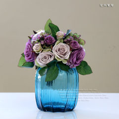 芝麻家居 蓝色色条纹玻璃花瓶 美式乡村饰品 台面装饰花器摆件 小瓶+4束浅紫色把束玫瑰绣球