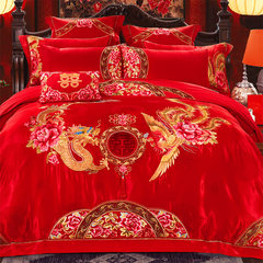 Jun Rong textile dragon big red wedding bedding pieces set piece Embroidery Wedding Siliubashi thorn Ten sets of bed's bright talent 1.5m (5 feet) bed