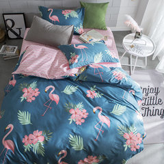 Pure cotton four piece bedding, 1.5/1.8m bed double quilt bedsheet, bedclothes, three sets of quilt cover sheets, flamingos blue 1.2m (4 ft) bed.