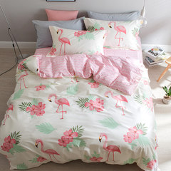 Cotton and cotton four piece bedding 1.5/1.8m bed double quilt bedsheet, bedclothes, three sets of quilt cover sheets, flamingo, rice white 1.2m (4 ft) bed.