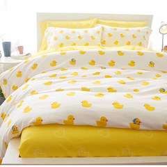 Four piece cartoon cotton satin sheets, quilt covers, children three sets, pure cotton bedding, single person double bedding, small yellow duck 1.2m (4 ft) bed.