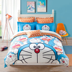 Lovo home textiles cotton cartoon four piece set of pure cotton Doraemon children 1.5 bed sheets quilt Cat Bed Suite wonderful day 1.5m (5 feet) bed