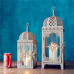 European Retro Old Morocco Iron Art Lantern Candle Holder size one set of wedding Hotel model room decoration grey brush gold lantern size with candle A1B1