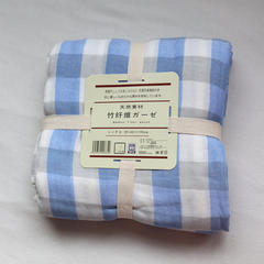 Japanese bamboo fiber summer cooling blanket, thin blanket towel, summer student comfort air conditioning blanket, single breathable sheet 140cmX190cm blue grid.