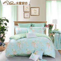 Mercury home textile bed four sets of genuine cotton full cotton bed sheets quilt 1.2 meters, student single bed three piece set Venice Garden (light blue) 1.2m (4 feet) bed.