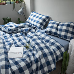 日式全棉水洗棉四件套简约格子双人被套单人宿舍床单纯棉床上用品 床笠款 蓝白中格 1.5m（5英尺）床