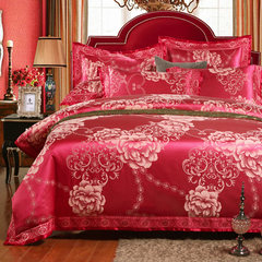 Satin Jacquard bedding, four piece bed set, 4 sets of home wedding bed, Hua Sha - Cherry Red 1.5m (5 ft) bed.