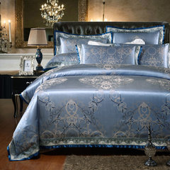 Satin Jacquard bedding, four piece bed set, 4 sets of home wedding bed, Sophia - Blue camel 1.5m (5 feet) bed.