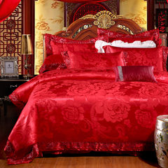 贡缎提花床上用品四件套 床品套件4件套家居婚庆床品 盛世牡丹-大红 1.5m（5英尺）床