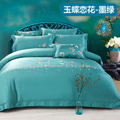 Spring and summer new cotton embroidered four piece 60s long staple cotton satin embroidery bedding, cotton quilt cover kit, Jade Butterfly flower, dark green 1.5m (5 ft) bed.