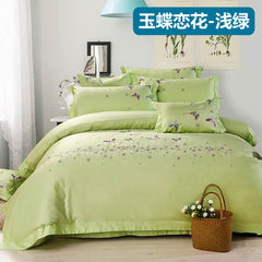 Spring and summer new cotton embroidered four piece 60s long staple cotton satin embroidery bedding, cotton quilt cover kit, Jade Butterfly flower, light green 1.5m (5 ft) bed.