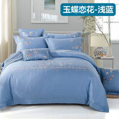Spring and summer new cotton embroidered four piece 60s long staple cotton satin embroidery bedding, cotton quilt cover kit, Jade Butterfly flower, light blue 1.5m (5 ft) bed.