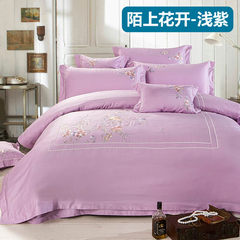 Spring and summer new cotton embroidered four piece 60s long staple cotton satin embroidery bedding pure cotton quilt kit suite bloom flower - light purple 1.5m (5 ft) bed