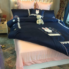 卡通贴布绣蕾丝花边四件套韩版60支纯棉贡缎埃及长绒棉套件1.8米 粉色床单五件套 2.0m（6.6英尺）床