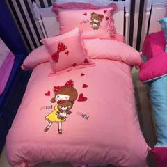 All cotton bed products, Korean cartoon children's sheets, pure cotton four piece sets of Girls Embroidered quilt embroidered bedding AC-05 1.2m (4 feet) bed.