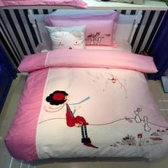 All cotton bed products, Korean cartoon children's sheets, pure cotton four piece sets of Girls Embroidered quilt embroidered bedding AC-08 1.2m (4 feet) bed.