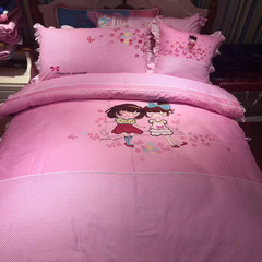 Children's four piece set of pure cotton girl cartoon embroidery embroidered cloth embroidered Princess Princess Pink Pink single person double bed item suite happy childhood 1.2m (4 feet) bed