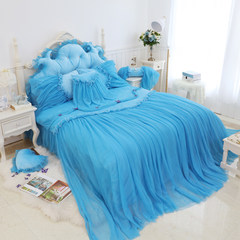 Wedding dress four sets of bed dress Princess Princess wind winter thickening warm lace 1.8m bedding Fluffy gray butterfly blue 1.2m (4 feet) bed