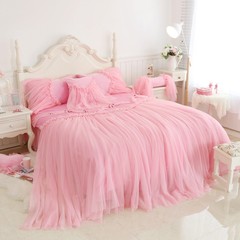 Wedding dress four sets of bed dress Princess Princess wind winter thickening warm lace 1.8m bedding Fluffy gray Butterfly Pink 1.2m (4 feet) bed