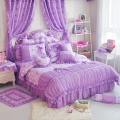 The new Korean version of all Cotton Pink Princess wind series lace lace tweed bedding four sets of packages of Campanula - Purple 1.2m (4 ft) bed.