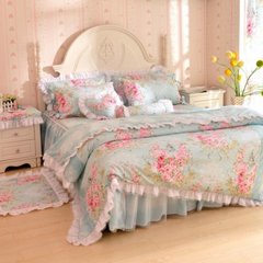 The new Korean version of all Cotton Pink Princess wind series lace lace tweed bedding four pieces of package cool summer blue 1.2m (4 ft) bed.