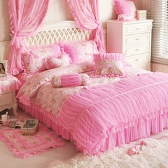 The new Korean version of all Cotton Pink Princess wind series lace lace tweed bedding four pieces of package 1.2m Campanula powder (4 ft) bed