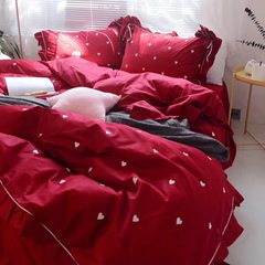 Cute Korean ribbon pure cotton satin four piece 60 cotton embroidery bedding Red Love Wedding Miss Dong Hong 1.5m (5 feet) bed