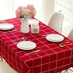 北欧新年防水桌布红色台布西餐方格正方形格子喜庆餐桌布布艺茶几 大红条格子 90+17垂边*110cm