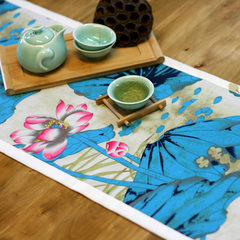 Chinese Chinese style fabric ink style cotton gift table cloth tablecloth table cloth fashion table flag pond Midsummer lotus pond (Lan Bian) + mat *4 65+17 vertical *210cm