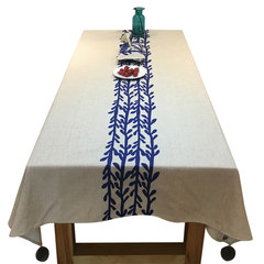 Cotton Embroidery tablecloth table] thief light blue cloth cotton cloth cover towels style round table Embroidered tablecloth with olive branches 140*200cm tablecloth one piece
