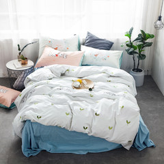 Yue court, Mediterranean, small, fresh, simple, pure cotton twill, four piece set of high count, high density cotton bed sheets, quilt covers, 3 sets, seven sets of high branches, high density pure cotton, early spring 1.2m (4 feet) beds.