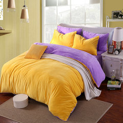 加厚保暖简约纯色水晶绒四件套天鹅绒珊瑚绒被套床单1.8m床上用品 鹅黄配浅紫 1.5m（5英尺）床