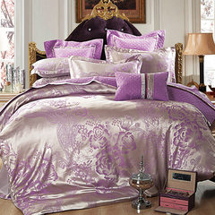 Jue, home textile, Satin Jacquard, four sets of spring and autumn bed products, Tencel 4 Piece Kit, quilt cover, bedding, bedding, flower dancing, purple gold 1.5m (5 feet) bed.
