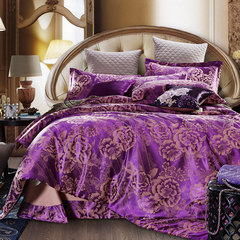 Jue, home textile, Satin Jacquard, four sets of spring and autumn bed products, Tencel 4 Piece Kit, quilt covers, bedsheets, purple flowers, 1.5m (5 feet) beds.