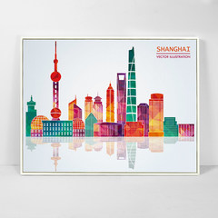 Urban landscape decorative painting is simple, modern guest room, dining room sofa, background wall hanging painting mural, pink Department Outline size 73*73CM Simple white clean frame 7 colorful geometric city 0486 Oil film laminating + low reflective o