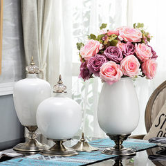 European-style table flower art simulation flower decoration fake flower suit sitting room decoration vase flower arrangement American household decoration simple white - three pieces set +3 bunches of pink roses