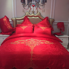 60支贡缎提花四件套 全棉奢华绣花6件套大红色婚庆套件床上用品 普罗佳人 1.5m（5英尺）床