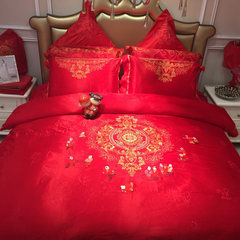 60支贡缎提花四件套 全棉奢华绣花6件套大红色婚庆套件床上用品 百子祈福 1.5m（5英尺）床