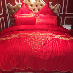 60 Satin Jacquard four piece sets, luxurious cotton embroidery, 6 sets of red wedding suite bedding, Waltz 1.5m (5 feet) bed.