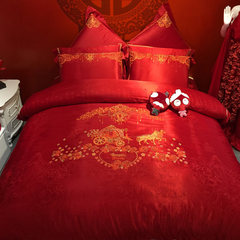 60支贡缎提花四件套 全棉奢华绣花6件套大红色婚庆套件床上用品 雍容华贵 1.5m（5英尺）床