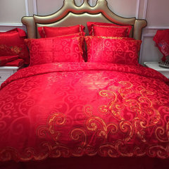60支贡缎提花四件套 全棉奢华绣花6件套大红色婚庆套件床上用品 浮华世家 1.5m（5英尺）床