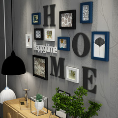 Nordic photograph wall is contracted sitting room sofa stair background wall decorates originality to hang real wood photograph frame wall to combine 2203 black and white blue + mix build picture heart